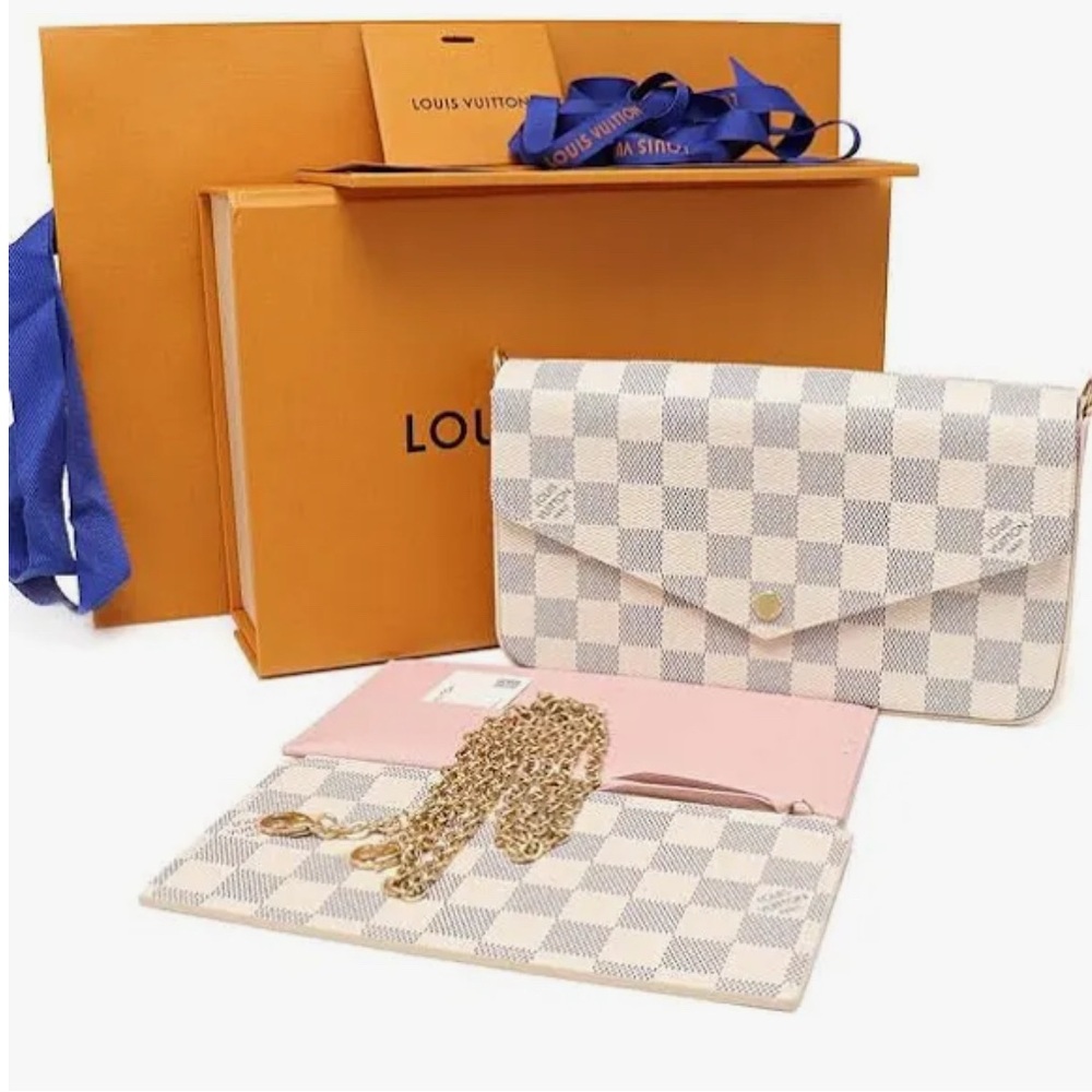 Louis Vuitton Pink and Gray Checkered Clutch 3 Piece with chain